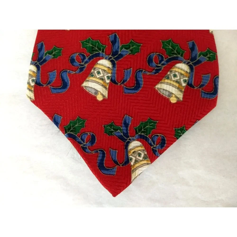 CLAYBROOKE 100% Silk‎ Red Neck Tie Christmas Collection Handmade Bells & Ribbon